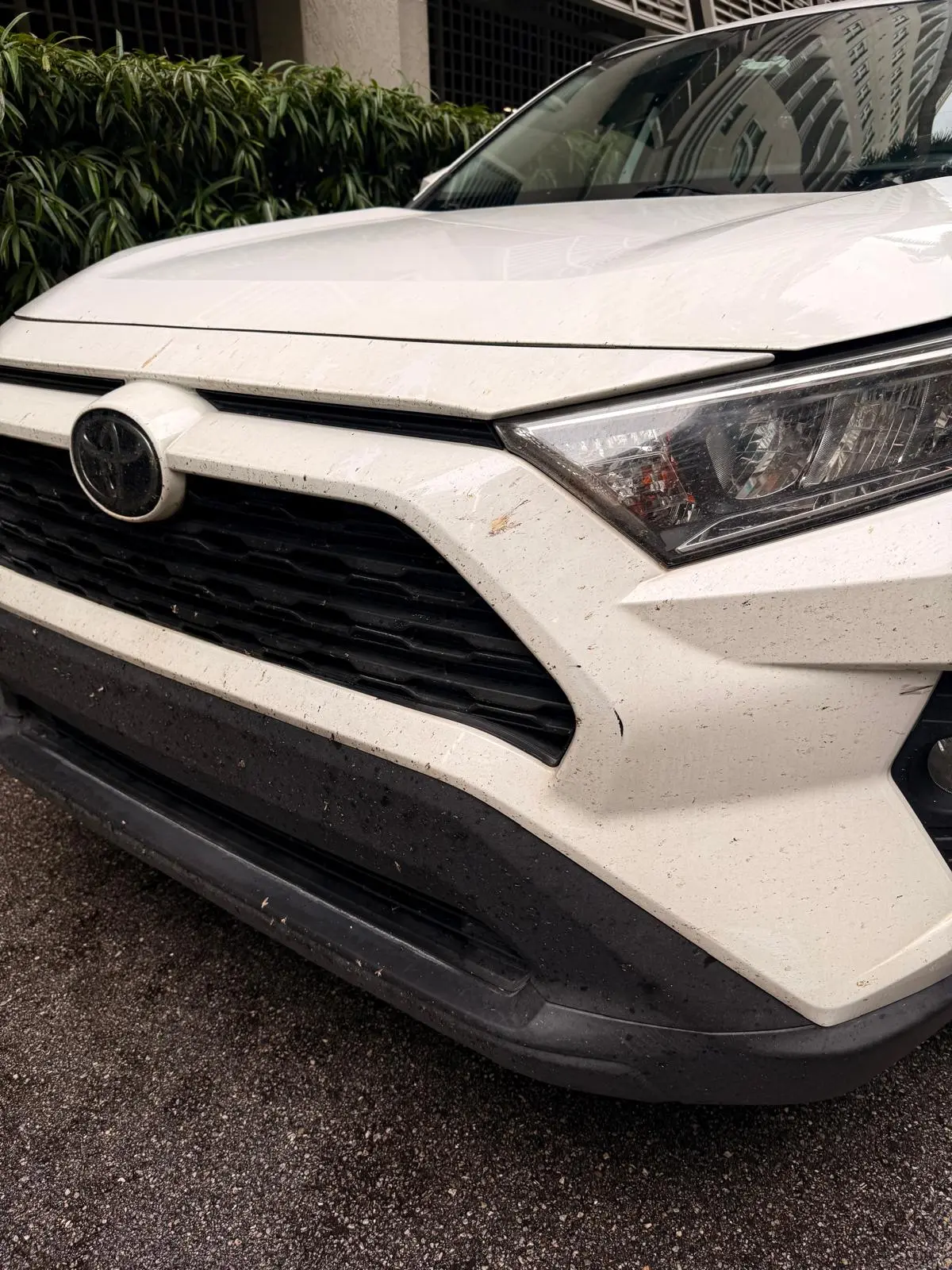 Before and after mobile hand wash on white Toyota RAV4 front bumper in Fort Lauderdale — dirt and splatter removed by Route95